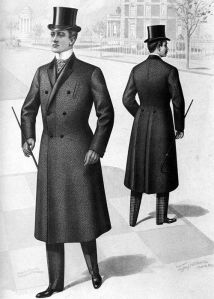 Victorian gentlemen in topcoats and top hats.